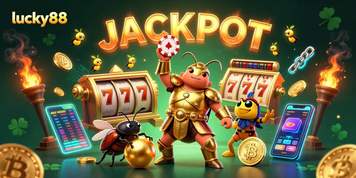 Experience the thrill of lucky88 as a heroic beetle lifts a poker chip amidst vibrant casino elements and crypto coins.
