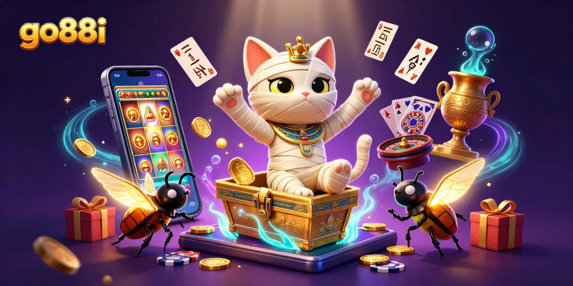Spin and win with go88i featuring a 3D Egyptian mummy cat in a vibrant casino scene.