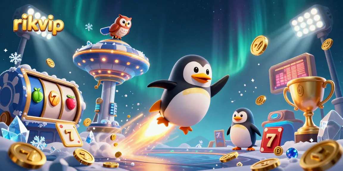 Engage with rikvip, the ultimate online casino experience, featuring a golden penguin in a vibrant gambling universe.
