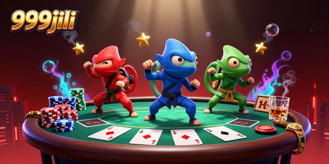Engaging 999jili illustration featuring a ninja chameleon team surrounded by poker elements, promoting gaming fun.