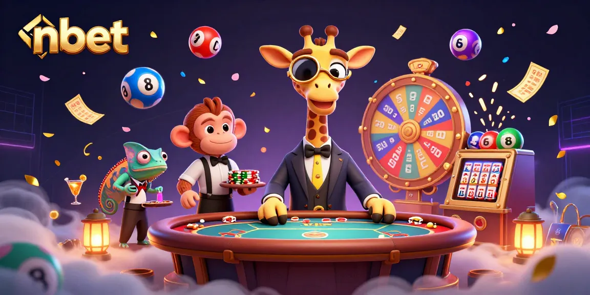 Engage in vibrant nbet casino action with a cartoon giraffe, monkey valet, and chameleon bartender amidst lottery elements.