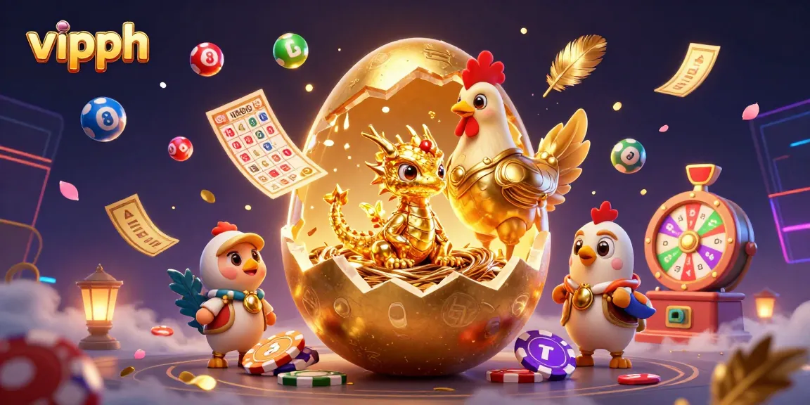 Engage with vipph's vibrant world of gambling, featuring a baby dragon amidst lottery excitement and golden treasures.