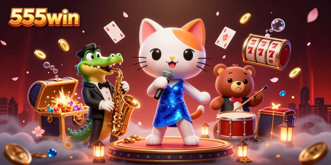 Win big at 555win with a vibrant casino-themed illustration featuring lively characters and game elements.