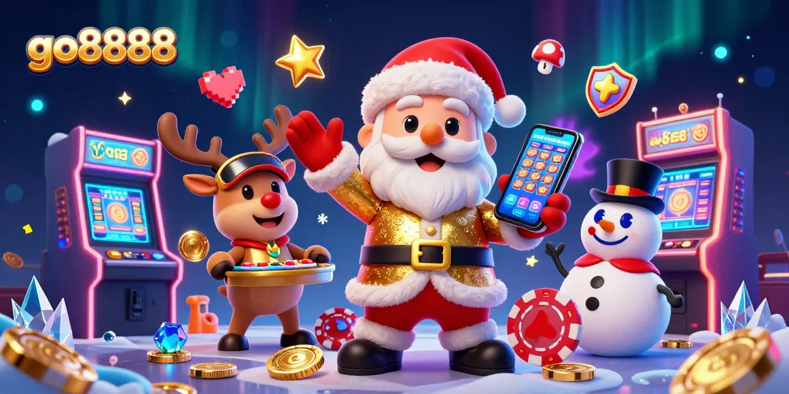 Experience jackpot thrills with go8888 in this festive casino-themed illustration featuring Santa and friends.