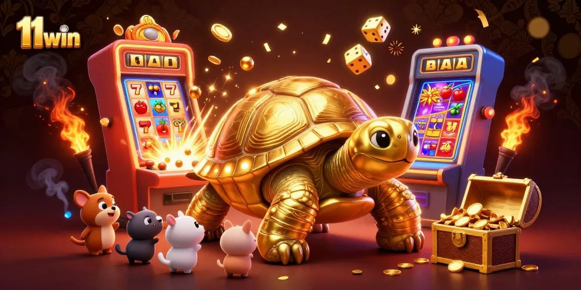 Experience excitement at 11 win with a golden tortoise pinball machine amidst jackpots and animated games.