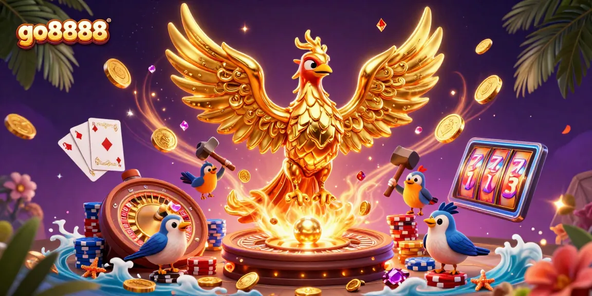 Experience the thrill of go8888 with golden coins and a molten phoenix in a vibrant casino scene.