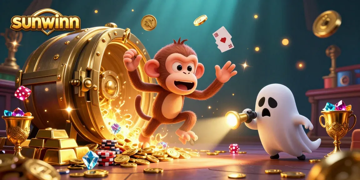 Experience thrill at Sunwinn casino with a playful ghost and puppy amidst golden treasures!